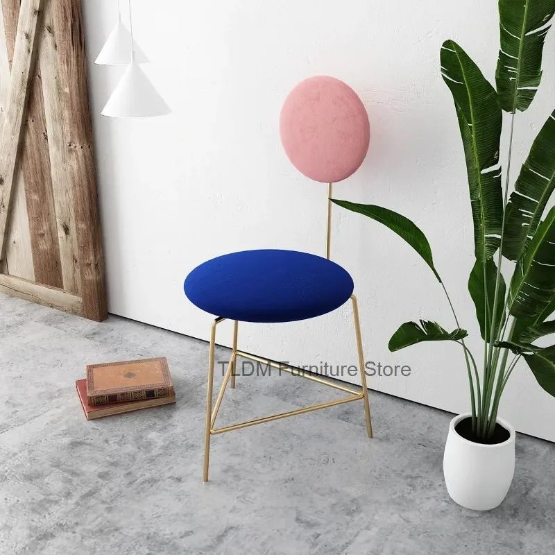 Oval Double Cushion Dining Chair Slender Geometric Metal Frame Soft Fabric Upholstered Armless Accent Side Chair for Home Decor