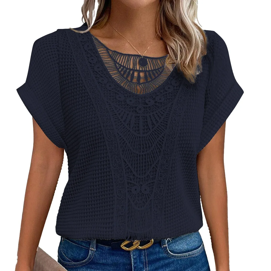 

Fashion Lace Stitching Shirt For Women's Tops Summer Casual O-Neck Office Ladies Clothes Short-Sleeved Loose Blouses Women 2025