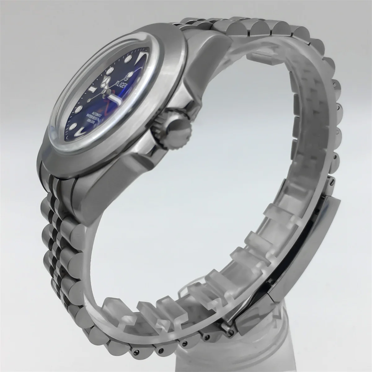 40 mm NH34A Herrenuhr, gebürstetes Edelstahlgehäuse, AR-Kuppelglas, schwarzes Zifferblatt, orange-rotes GMT-grünes, leuchtendes Edelstahlarmband