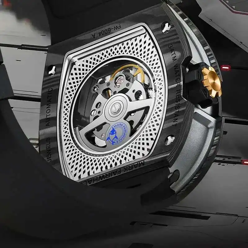 Mark Fairwhale Fashionable Men's Watches Fighter Jet Wine Barrel Rubber Strap Waterproof Tourbillon Mechanical Watch For Men