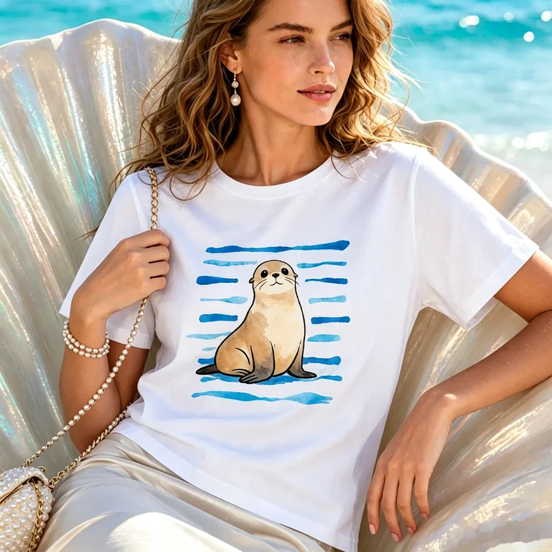 Cartoon Smiling Sea Lion Graphic T Shirt Hand Drawn Blue Water Stripes Breathable Cotton Ladies Coastal Beach  Short Sleeve Top