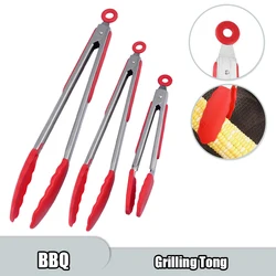 Stainless Steel Grilling Tong Kitchen Cooking Salad Bread Silicone BBQ Serving Tong Non-Stick Barbecue Clip Clamp Tools Gadgets