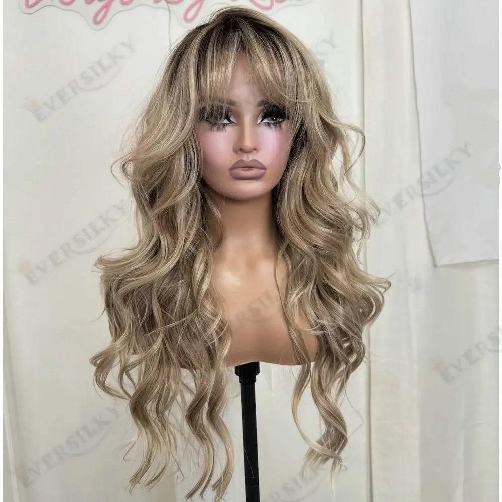 26 Zoll lockere, gewellte Damen-Perücken aus Echthaar mit vollem Spitzenansatz und Pony, dunkelbraune Wurzeln, Ombré-Aschblond, 13x6 Spitzenfront/5x5HD Spitzenperücken – Detail 1