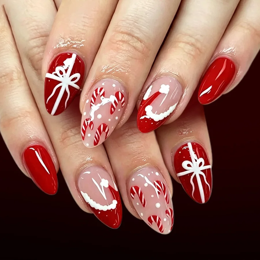 Almond Fake Nails Red Nude Christmas Candy Cane Gift Bow Print Reusable Press on Nails for Holiday