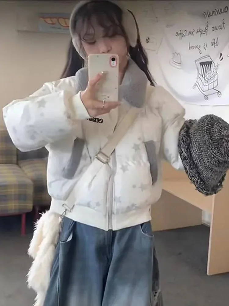 아메리칸 레트로 스타 파카 여성 겨울 긴 소매 레터 프레피 스타일 푸피 코트 하라주쿠 빈티지 인조 양털 칼라 재킷 신상품