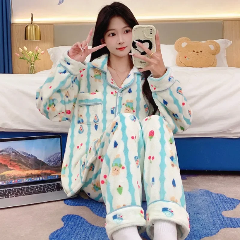 5XL Plus Size Winter Coral Fleece Thickened Pajamas Set Women\'s Cartoon Flannel Warm Home Clothes Soft Long Sleeve Two-Piece Pjs