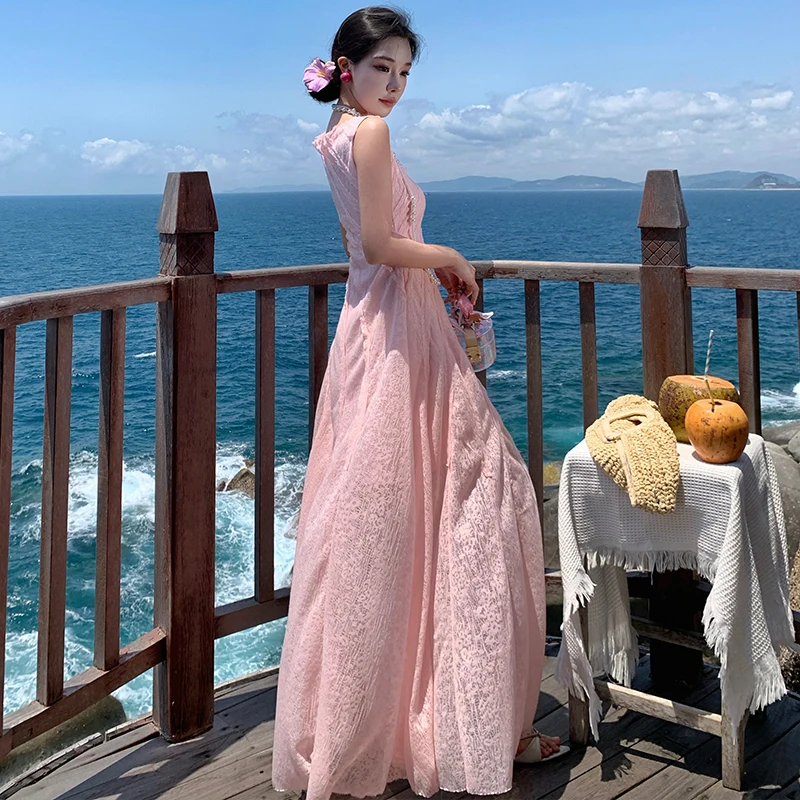 Sweet Sle Long Lace Dr Mehrere Stücke Hellrosa Sommer Hohe Taille Polyesterfaser Rundes Ne-Kleid für Frauen 25-29 Jahre...