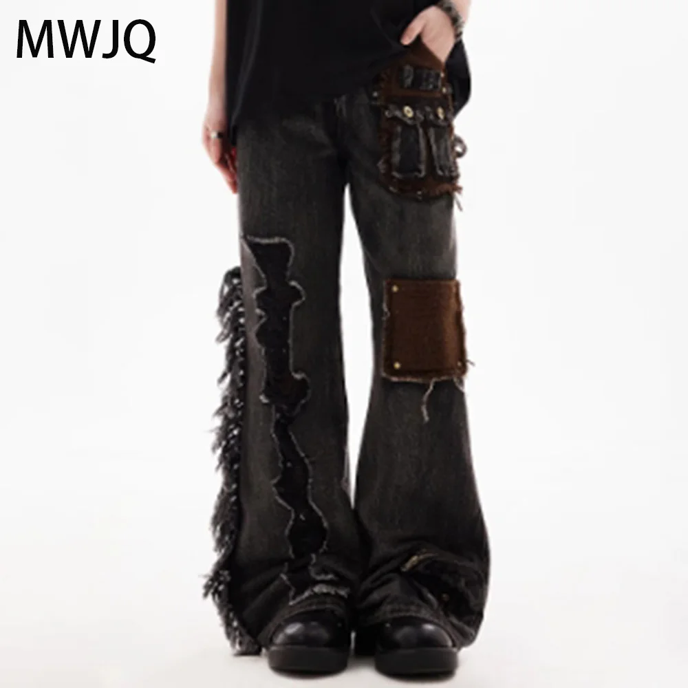 

MWJQ Spliced Hole Niche Design Cargo Jeans Men's American High Street Rough Edge Destroy Retro Full Length Trousers Tide 010397