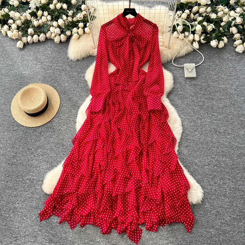 

Light Mature Style Niche Bow Tie Tied Long Sleeved Polka Dot Dress for Women 2025 Autumn Irregular Lotus Leaf Side Length Dress