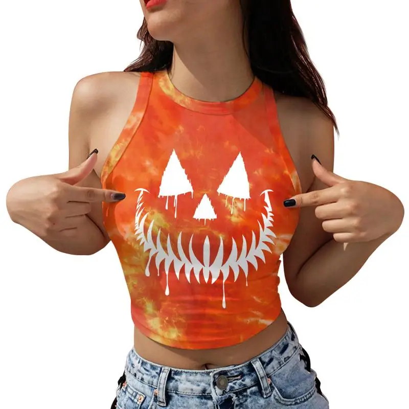 Nadanbao Damen-Crop-Top mit Geister-Kürbis-Print, kurze Weste mit Rosen-Totenkopf-Muster, sexy, schmales, ärmelloses Hemd, Halloween-Party-Top – Detail 5