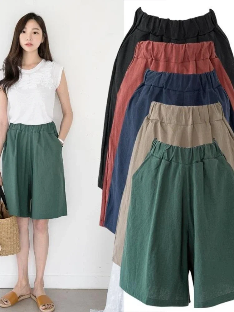 

Summer Shorts for Women Cotton Linen Elastic Waist Knee-length Shorts Solid Color Wide Leg Short Women's Loose Shorts