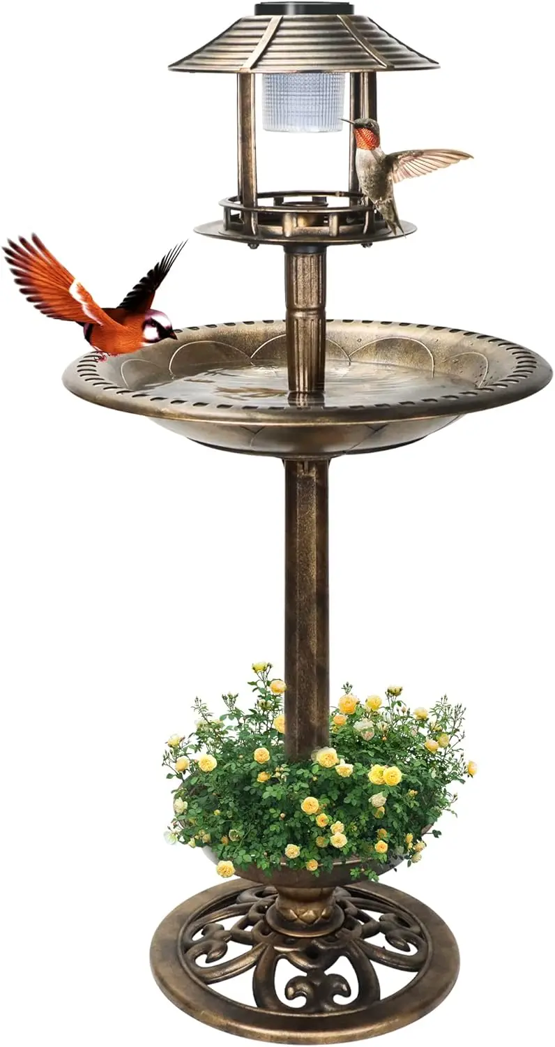 

Solar Light Bird Bath with Feeder & Planter, 41in Copper Outdoor Garden Decor for Yard Patio Lawn