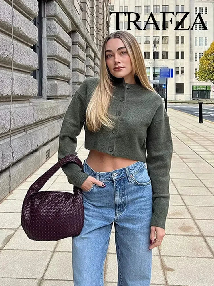 

TRAFZA зимняя женская модная однотонная вязаная куртка в стиле ретро с круглым вырезом, однобортный кардиган, женская повседневная уличная куртка Y2K