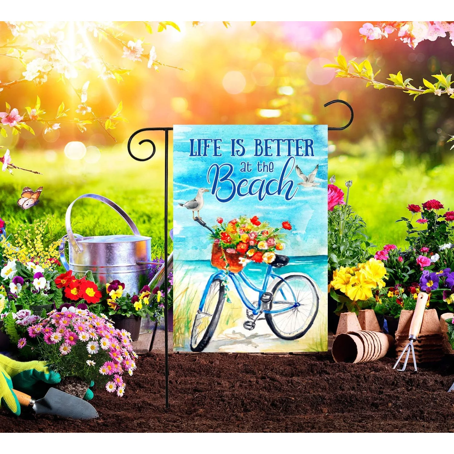 Life Is Better at the Beach Floral Bike Seagull Spring Summer Garden Flag Country Fengbin Yard Flag 12x18 inch