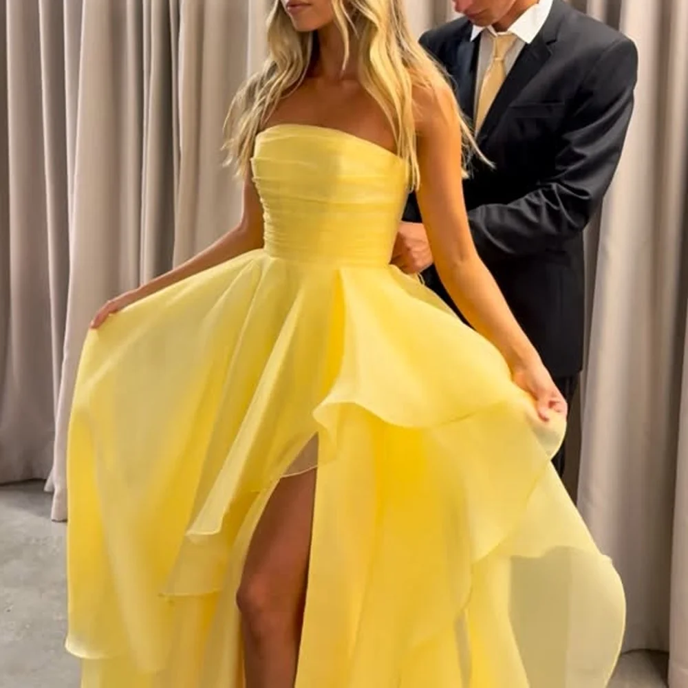RFYR Yellow Prom Dress Strapless Evening Dress High Slit Party Dress Lace Up Back Celebrity Dress for Arabic Women Customized image 5