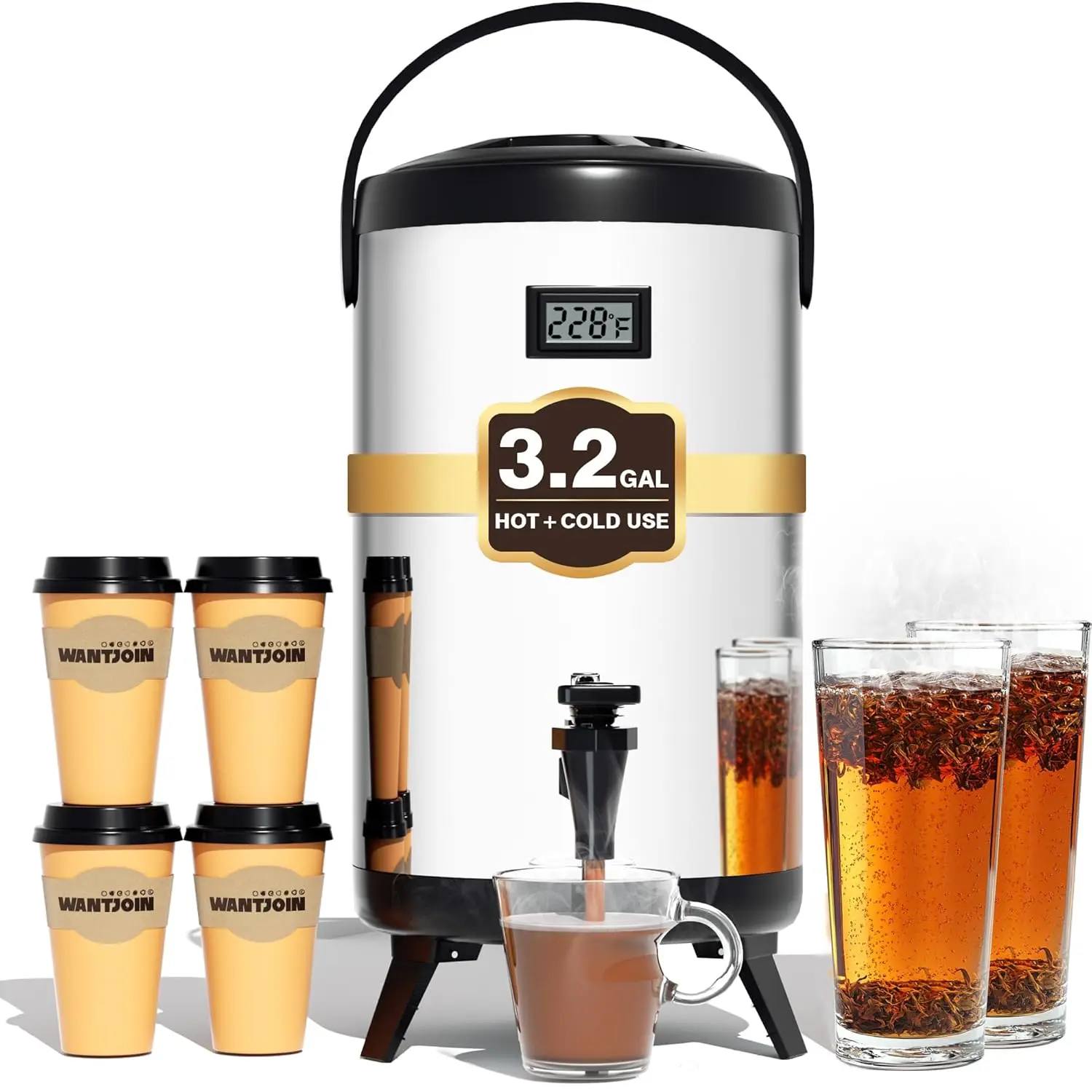 

Insulated Beverage Dispenser 12L/3.2G Hot & Cold Water Urn Stainless Steel with Spigot for Coffee Tea Milk Juice