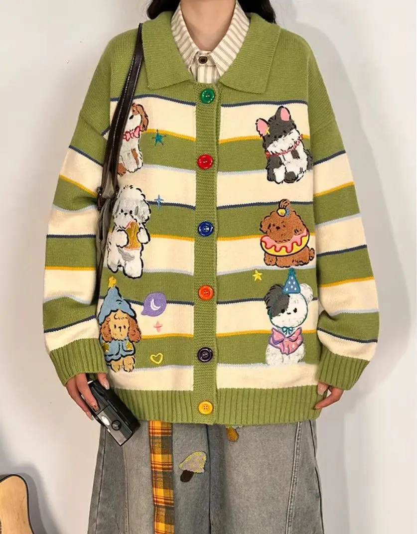 Women's Kawaii Cartoon Dog Embroidered Cardigan Chic Japanese Style Contrast Stripe Polo Collar Loose Knit Sweater Outerwear