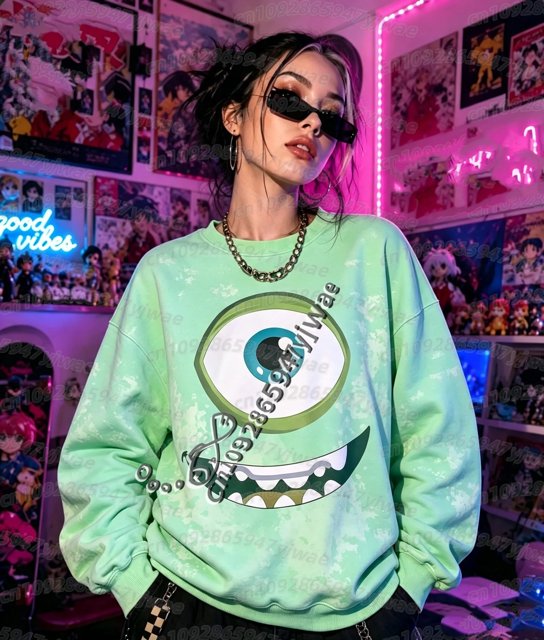 26 Herbst-Winter Damen Lustiger Großaugen-Monster-Print Langarm Unisex Cartoon-Sweatshirt O-Ausschnitt Pullover Damen Hoodies – Detail 11