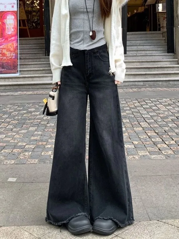 High Waist Wide Leg Black Denim Jeans Women Loose Fitting Lazy Style Tapered Hem Floor Length Pants Vintage American Style