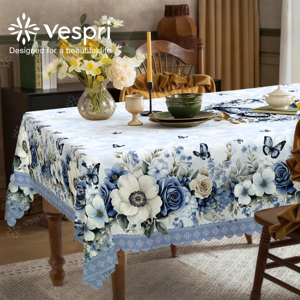 Floral Tablecloth with Blue Flowers and Hydrangeas for Indoor/Outdoor Camping Decor, Rectangular/Round/Oval