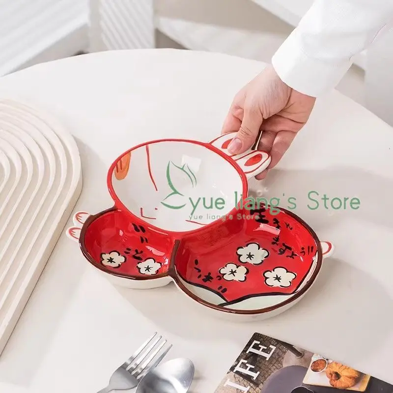 Ceramic Partition Plate Japanese Underglaze Color Hand-painted Three Grid Dividing Plate Home Dining Table Storage Plates
