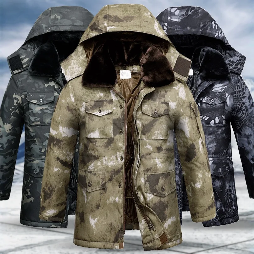 厚みのある迷彩ダウンジャケット冬屋外二重層防寒防水軍事綿作業服保護服