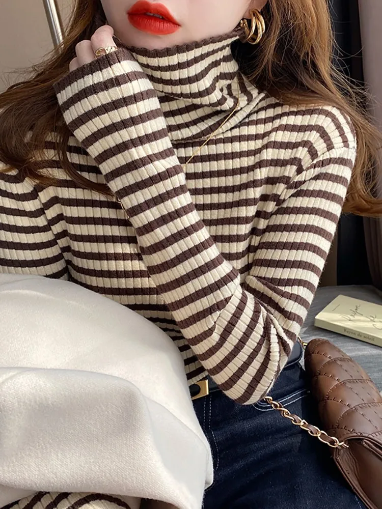 Elegant Stripe Basic Knitted Women Tops Turtlneck Sweater Long Sleeve Casual Slim Pullover Korean Fashion Simple Chic Clothes