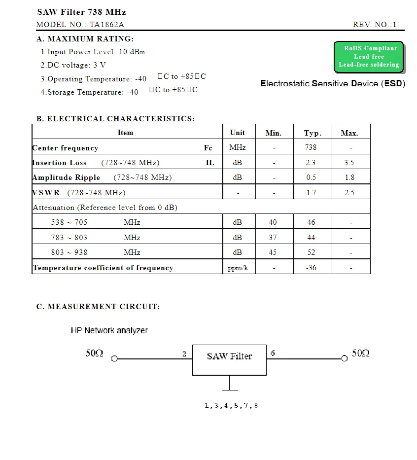 （10PCS） TA1862A code Av brand new genuine 738MHz packaged SMD SAW filter