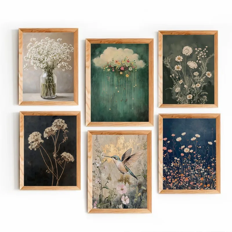 Vintage Antique Dark Flower Sage Green Botanical Moody Cloud Wildflower Poster Canvas Painting Wall Art Pictures Home Decor