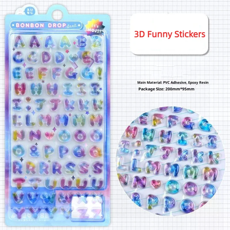 Colorful 3D Cartoon Alphabet Relief Stickers for DIY Journal Planner Photo Decorations Educational Reward Stationery