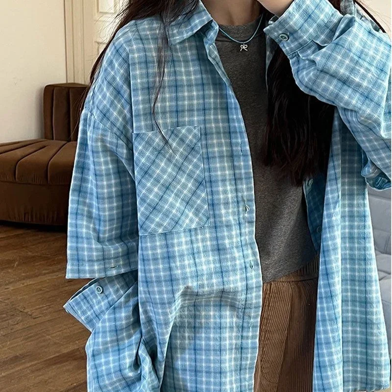 Plaid Women Shirt Vintage Long Sleeve Korean Style Detachable Oversized Casual Harajuku Autumn Clothes 2024 Japanese