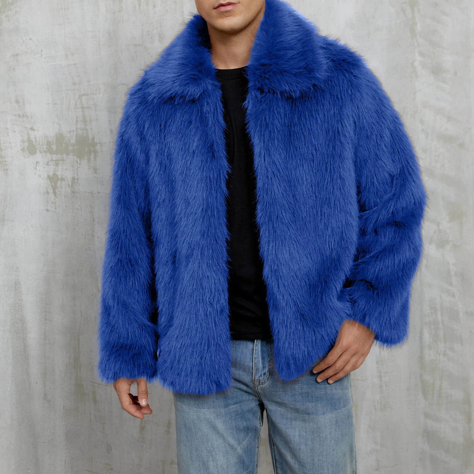Men Faux Fur Coat Loose Solid Lapel Neck Long Sleeve Open Front Warm Furry Winter Jacket