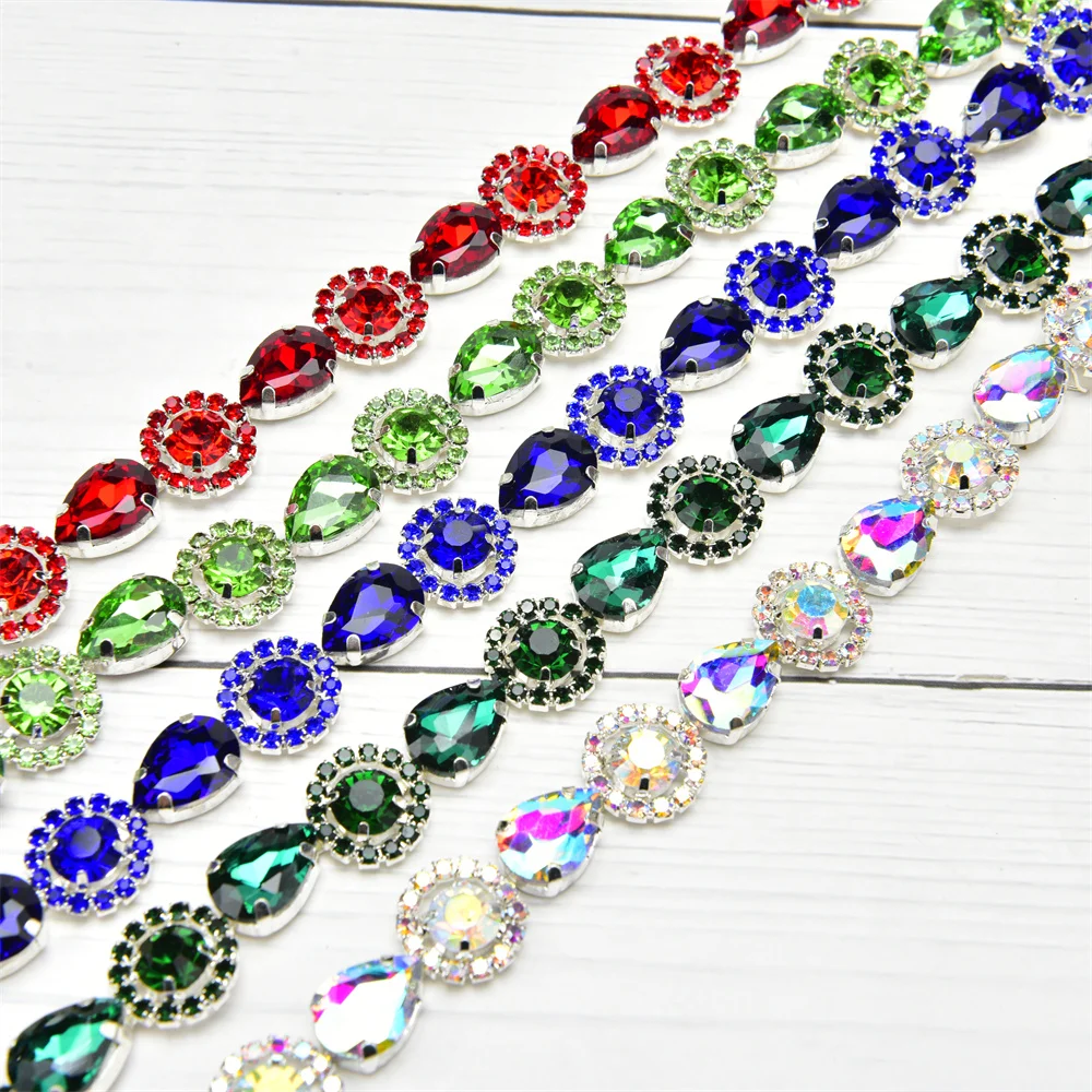 

1 Yard Color Rhinestone Code Chain Teardrop Sunflower Glass Trim Silver Bottom Ribbon For Clothing Accessories Jewelry Necklaces