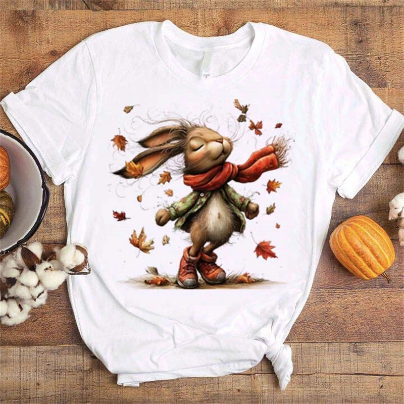 

Осенняя повседневная одежда 90-х годов с короткими рукавами и принтом милого кролика, женская модная одежда с круглым вырезом, женская уличная футболка с короткими рукавами