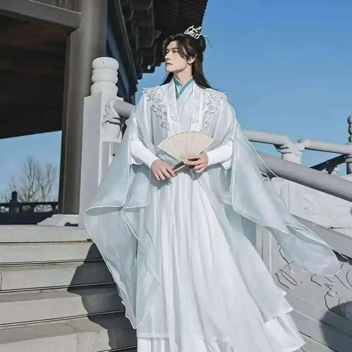 

Большой размер 3XL Hanfu, мужской белый костюм с китайской вышивкой, древний комплект Hanfu, костюм для косплея на Хэллоуин, светло-синий Hanfu
