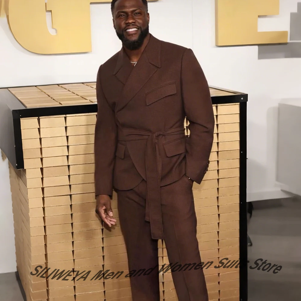 Luxe Fashion Men’s Brown Belted Suits Elegant Two Piece(Jacket+Pants) Set Formal Evening Party Business Male Outfit