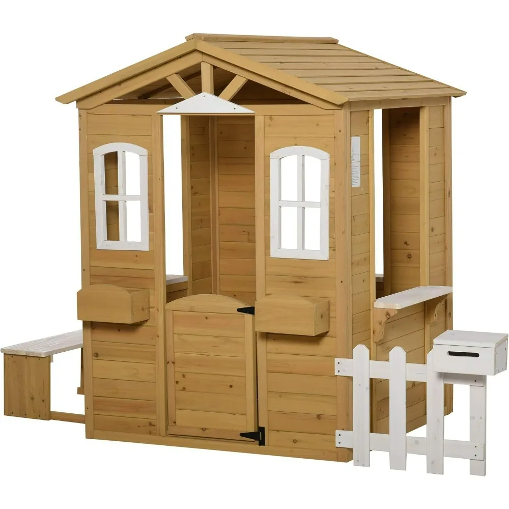 

Outdoor Playhouse for Kids Wooden Cottage with Working Doors Windows & Mailbox, Pretend Play House for Age 3-6 Years, Playhouses