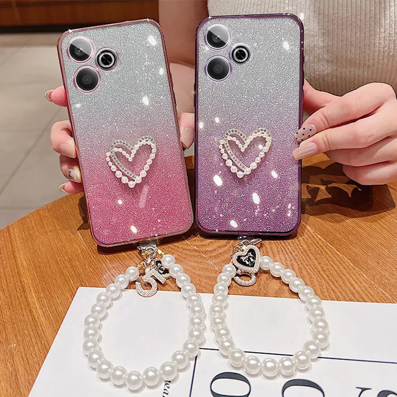 Casing Glitter tali Lanyard gelang mutiara, kualitas tinggi untuk Xiaomi Redmi 13 4G 13C 12 12C 10C 10 Cover Coque berlian casing cinta Redmi13