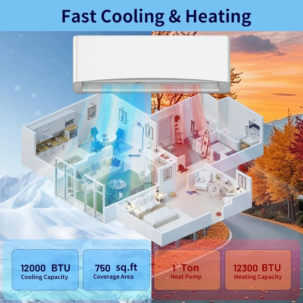 نظام تيار متردد/تدفئة صغير سبليت، وحدة تيار متردد عاكس موفرة للطاقة مع مضخة حرارية 1 طن، مكيف هواء 12000 وحدة حرارية بريطانية، منطقة تغطية لأعلى