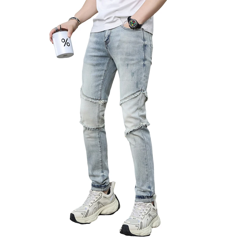 Retro Handsome Jeans Men's Stitching Street Trend Personality Locomotive Style American Stretch Slim Fit Tapered Pants