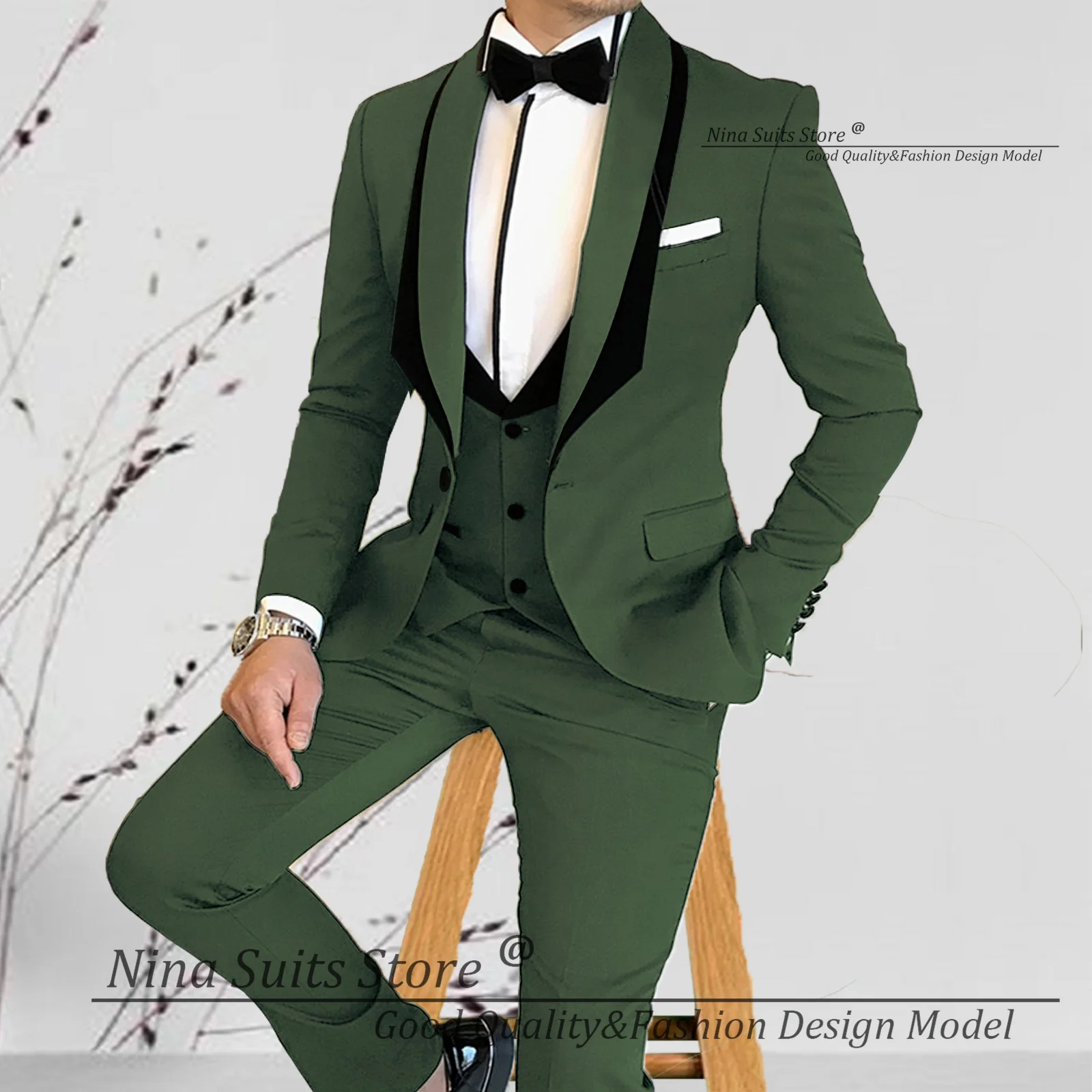

Nina Store 2025 Новый мужской костюм-тройка Элегантный деловой праздничный комплект оливково-зеленого цвета с черными бархатными деталями Свадебный костюм шафера