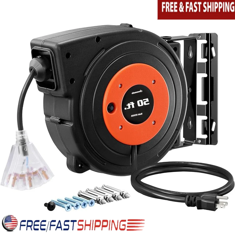 

Retractable Extension Cord Reel 50FT 3 Grounded Outlets Lighted Indicator 13A Circuit Breaker Auto Guide Rewind Tangle Free