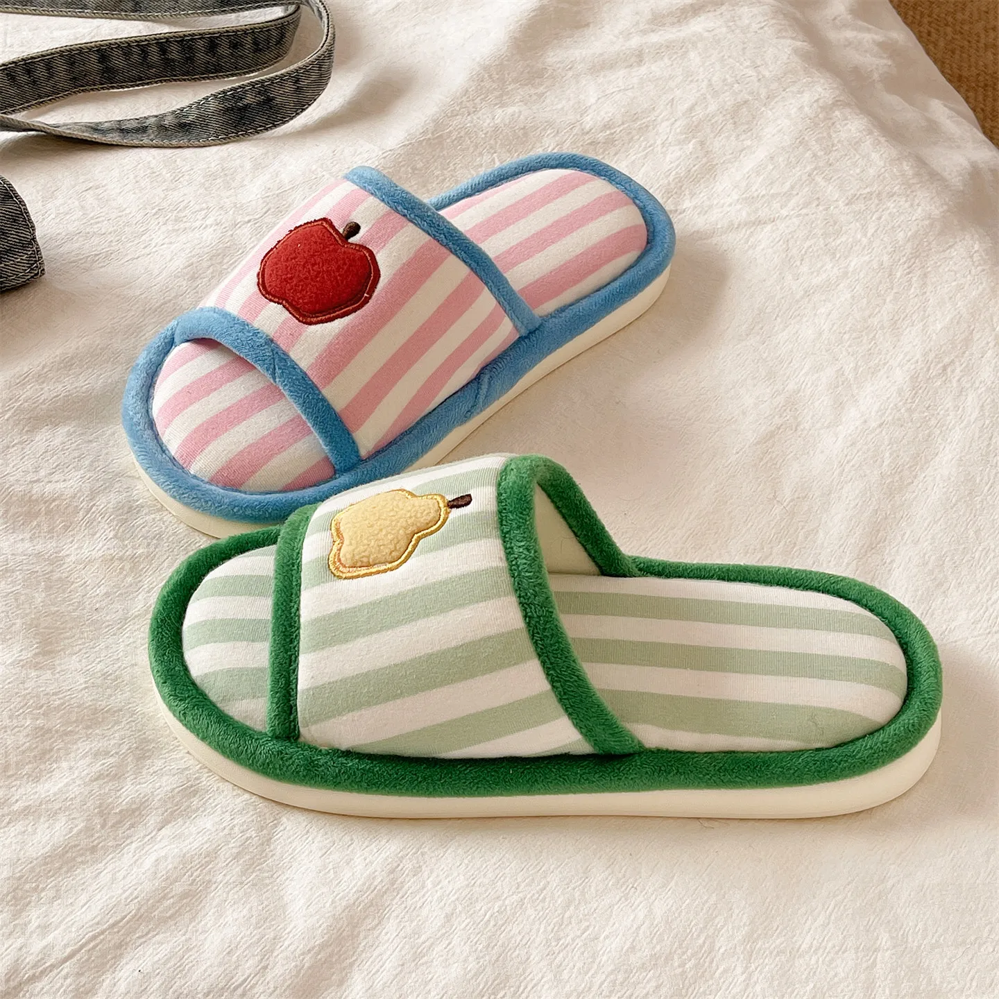 

Милые хлопковые льняные тапочки в виде груши, женские домашние впитывающие дышащие нескользящие мягкие тапочки с кондиционером Floor oes