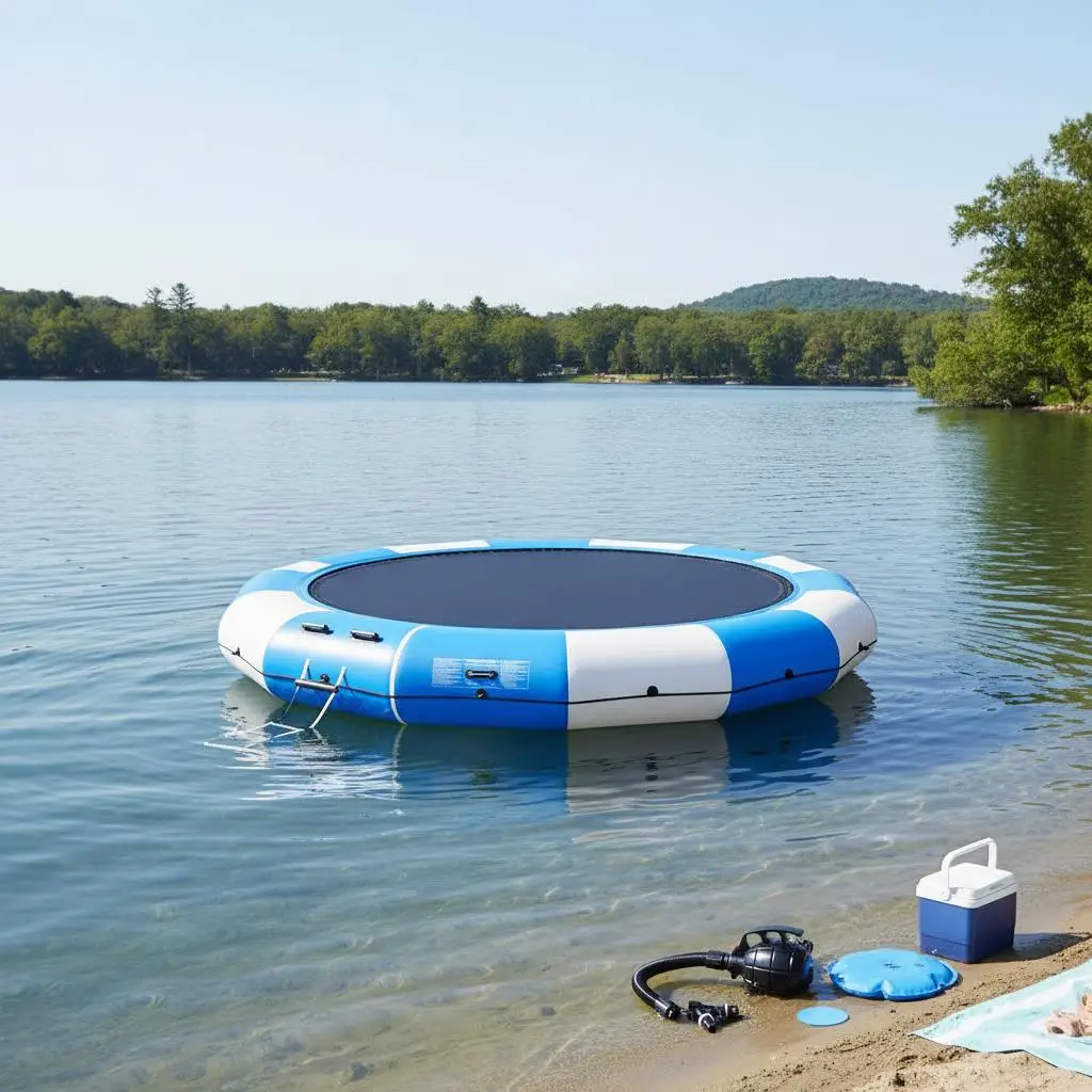

Надувная плавучая платформа-батут Blow Up Aquatic Rebounder 15 футов для озера, моря, бассейна, с 3-ступенчатой лестницей, высокоэластичная нейлоновая сетка, усиленная конструкция