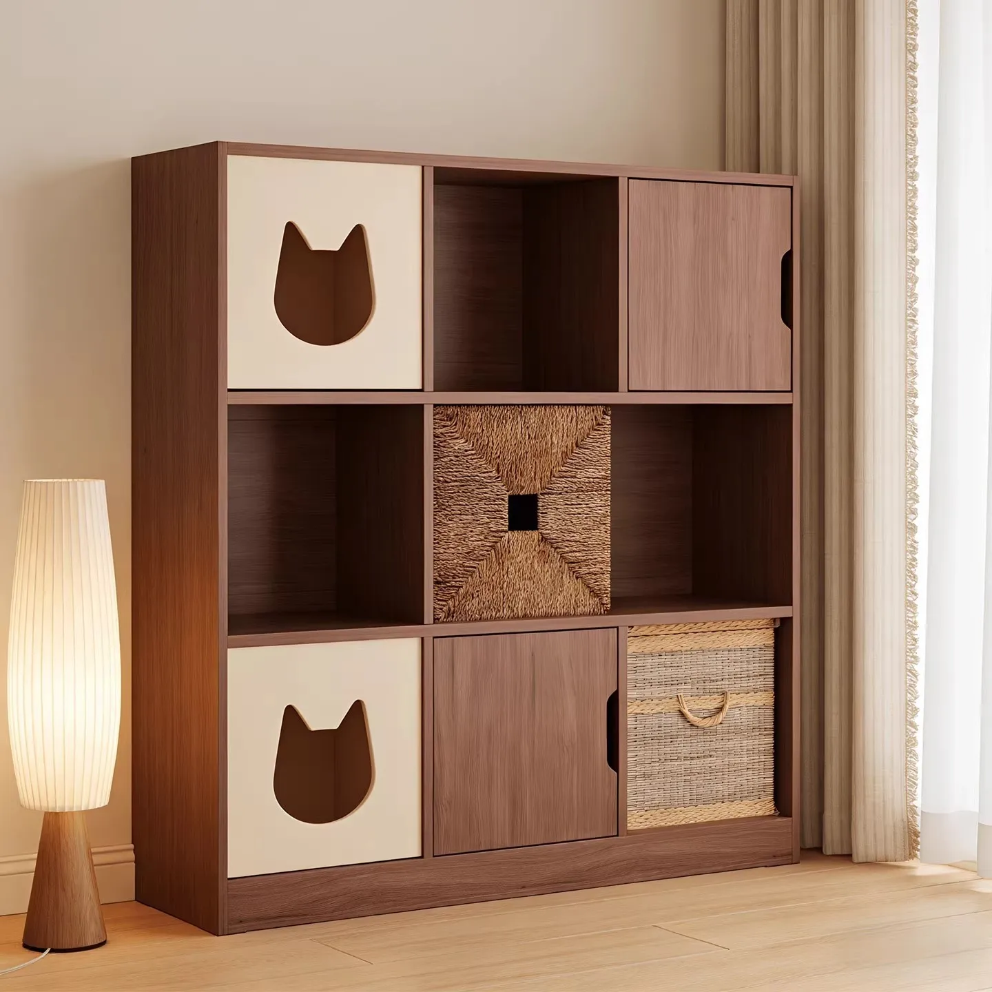 Simple chest cabinet, Jiugong grid cabinet, living room bookshelf, floor shelf with door, antique grid cabinet, household