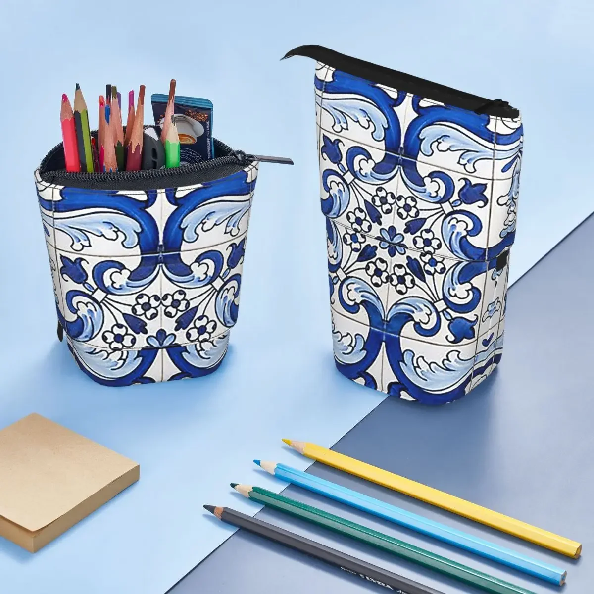 Antique Classic Lisbon Blue Azulejo Tile Floral Reversible Pencil Case for Students School Pen Box Pencil BagStationery Supplies