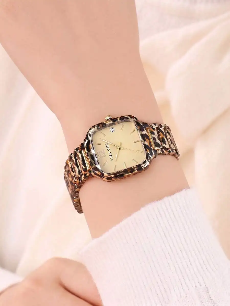 1pc Full Leopard Print Gold Square Dial Women's Watch, Luxury Fashion Ladies Quartz Wristwatch, Elegant Date Display Women's
