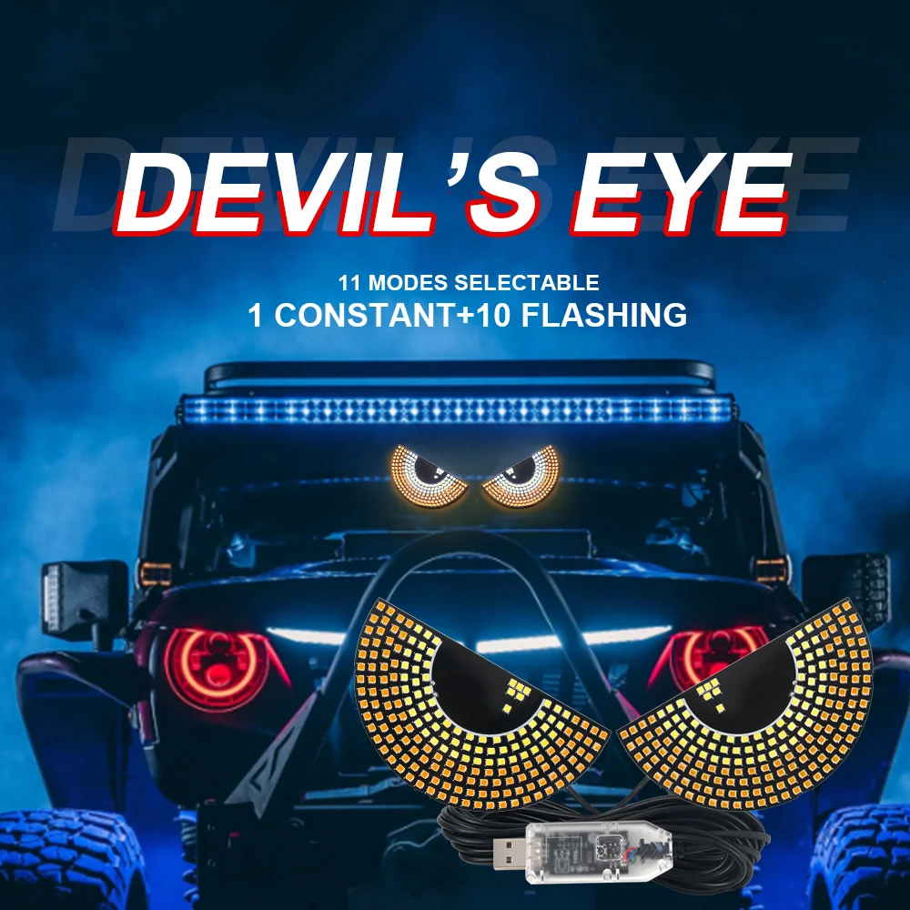 2Pcs Car LED Devil's Eye Rear Warning Light Decorative Light Devil Eye Atmosphere Light Decoration Accessorie 5V USB Multi-Mode