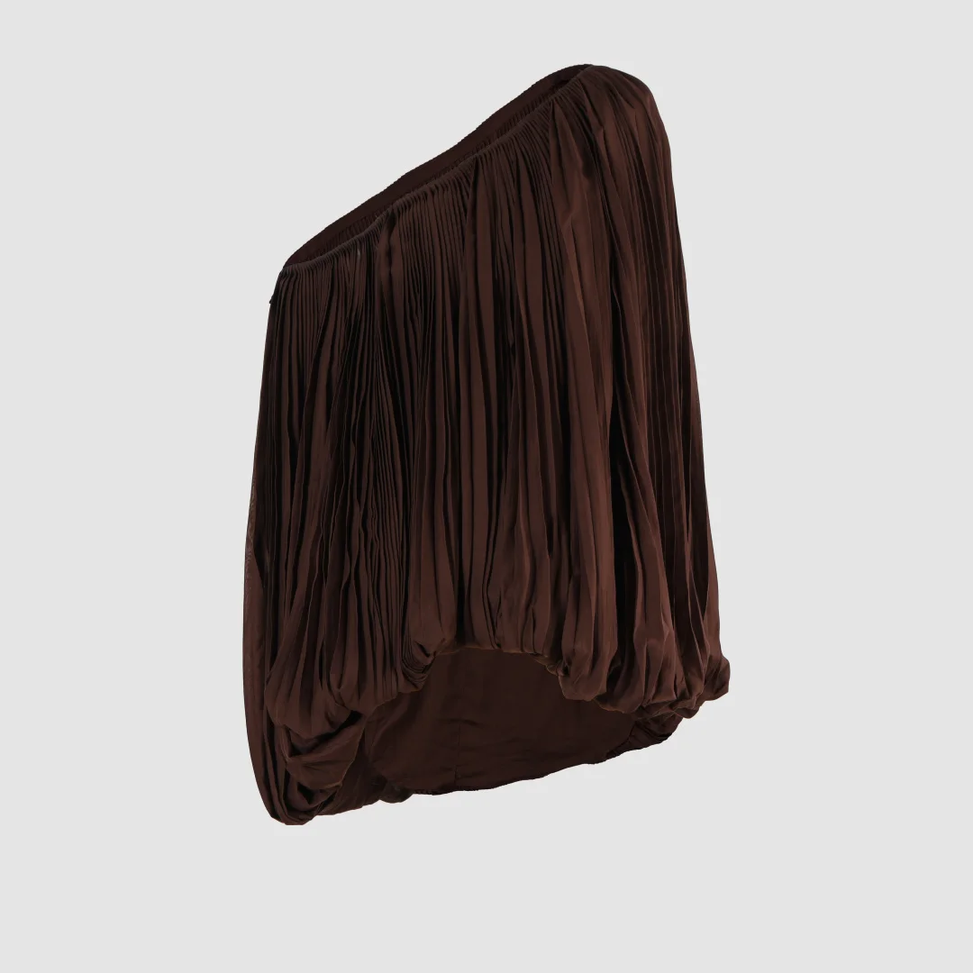 2026 Women's Brown Pleated Midi Skirt | High Waist Asymmetric Hem Draped Bubble Skirt
