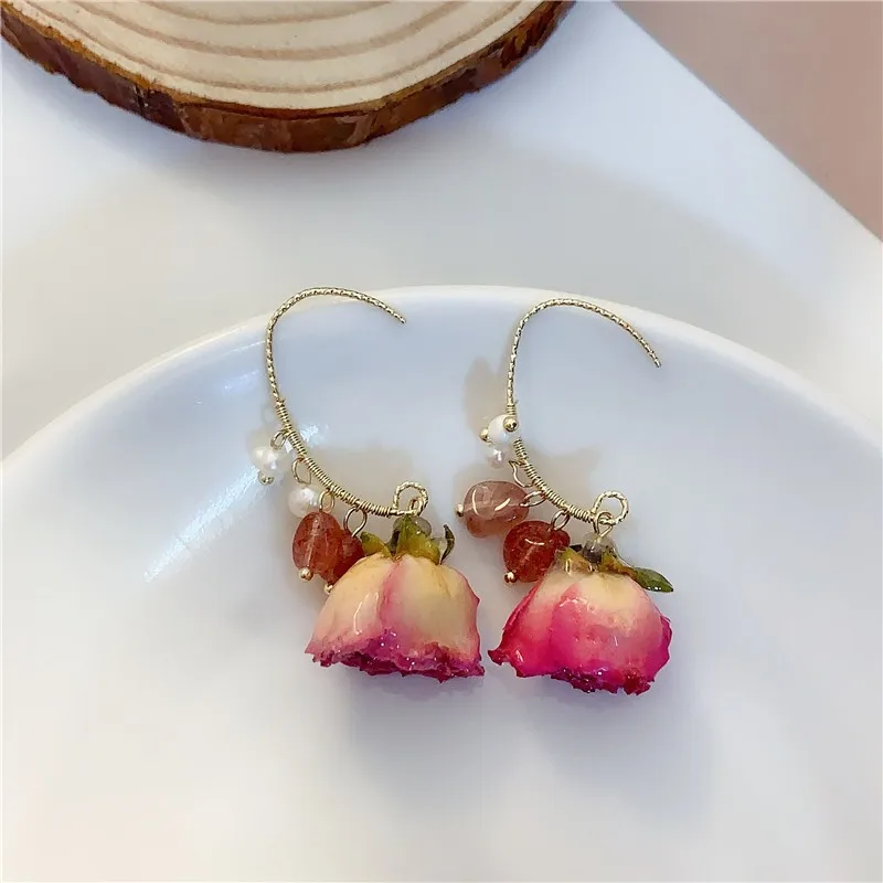 Immortal Flower Series Elegant Earrings Unique Natural Rose Flower Earrings Dried Rose Floral Jewelry Wholesale Custom Packaging